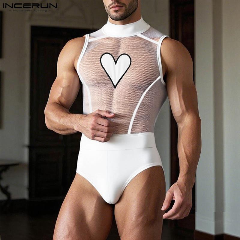INCERUN Men Sleeveless Mesh Patchwork Printed Briefs Jumpsuits Bodysuits