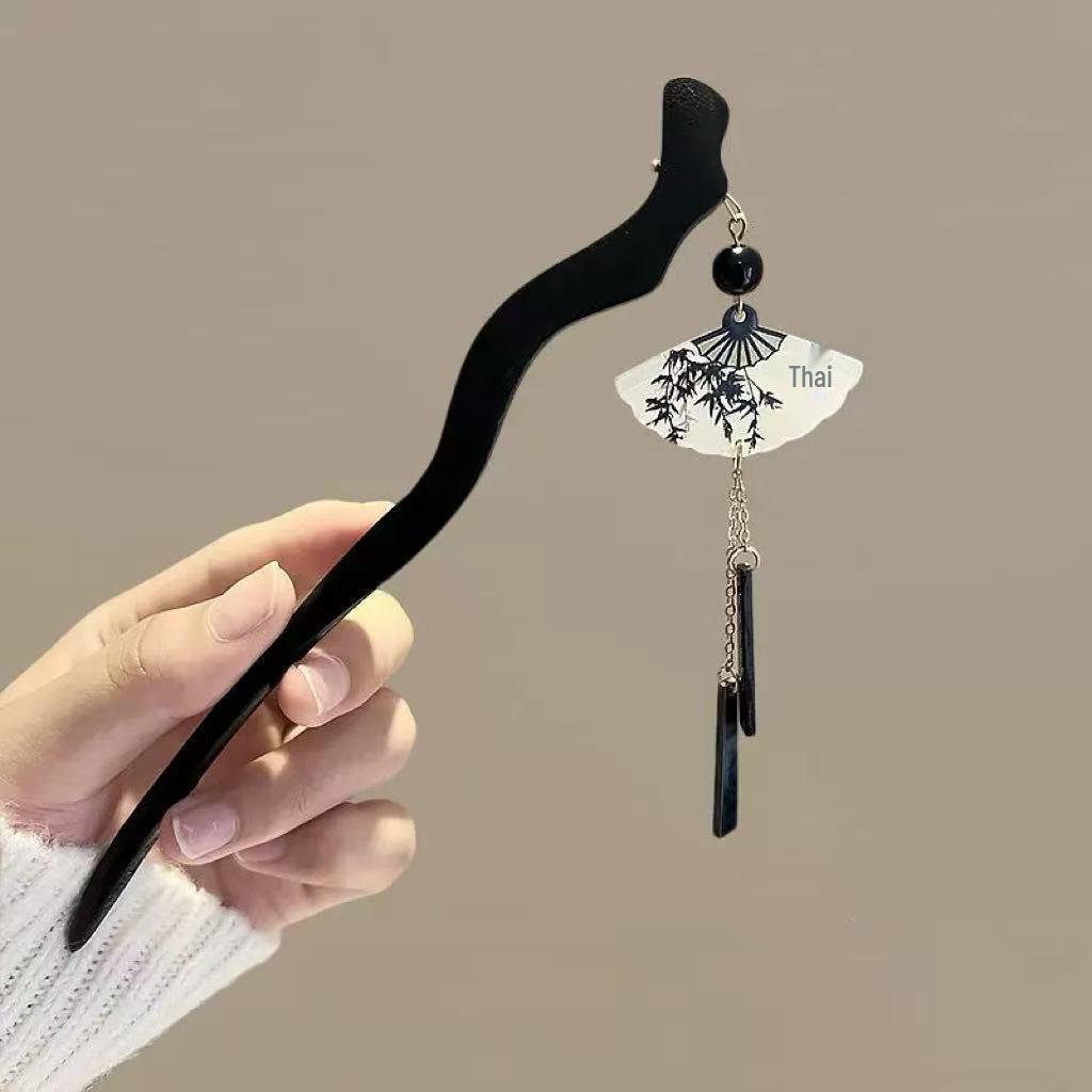 2024 Trendy Retro Chinese Ink Bamboo Fan Tassel Hairpin for Women