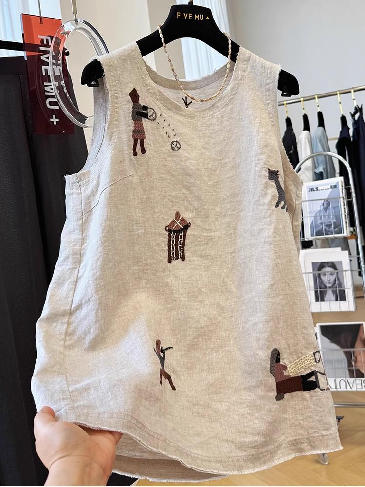Women's Sleeveless Embroidered Cotton Linen Vest