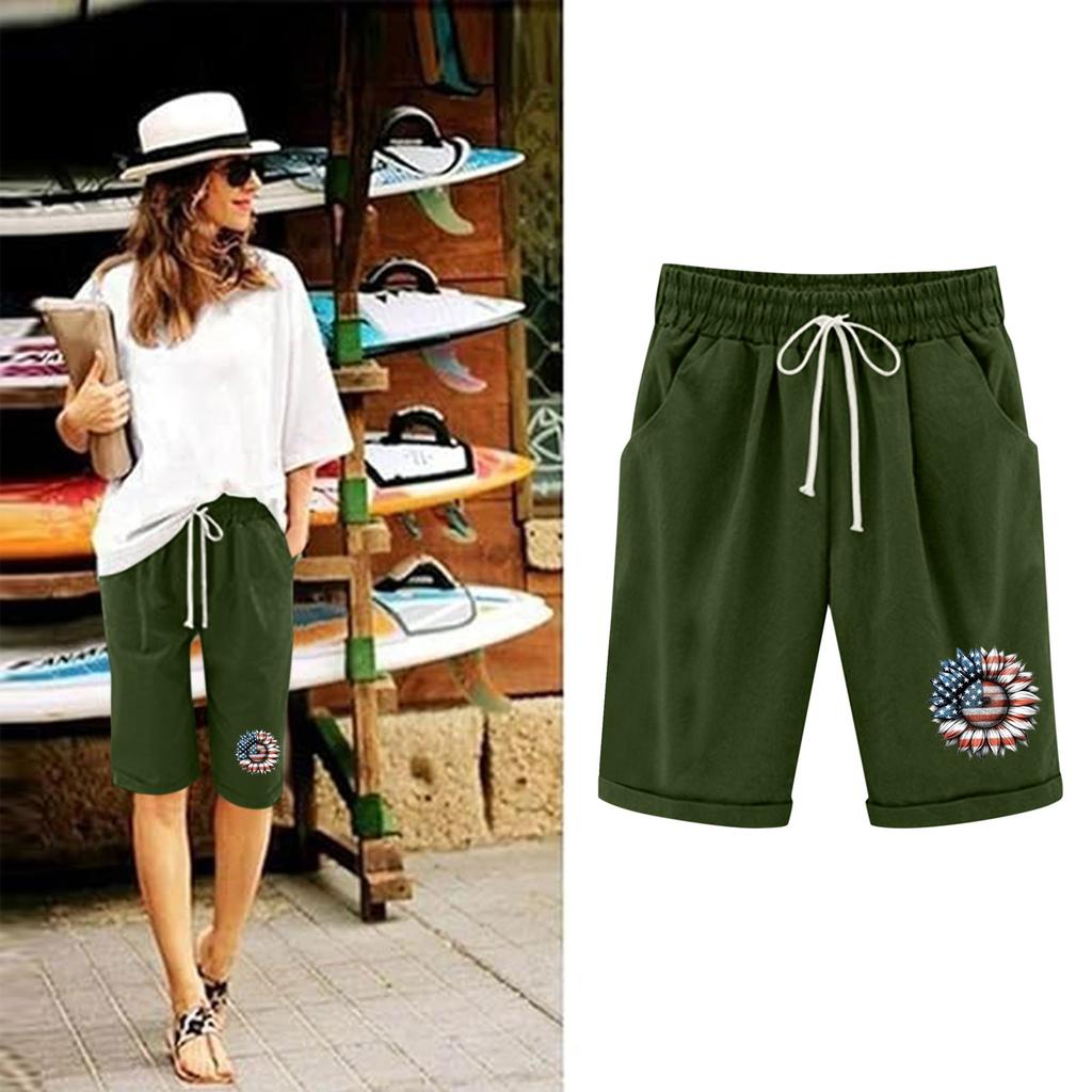 Plus Size Shorts For Women Stretchy Curvy Cotton Linen Drawstring Elastic Waist Bermuda Shorts Casual Beach Clothes