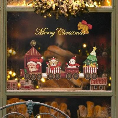 Neuer Weihnachts-Zug Cartoon Feiertag Älterer Hirsch Schneeflocke Wand Glas Selbstklebendes Papier Zuhause Wohnzimmer Dekoration Malerei