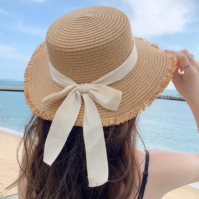Korean Bow Straw Hat for Women Outdoor Beach Wide Brim Sun Visor Cap Summer Vacation Sunshade Female Panama Hats