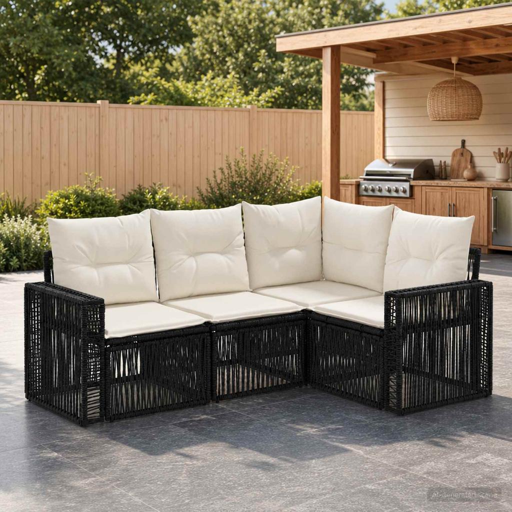 Garden Sofa Set 4 Pcs Black and Cream White Poly Rattan