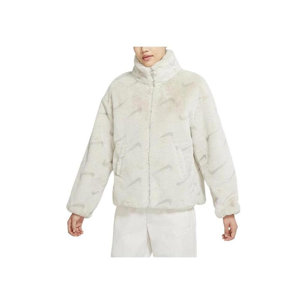Nike Vollständiger Druck Stehkragen Kunstfell Warm Gerade Langarm Baumwolljacke Damen Oberbekleidung Weiß DQ6843-072