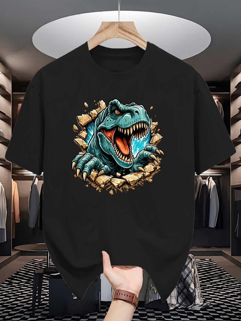 Mens Crew Neck T Shirt Cool T Rex Dinosaur Break Wall Graphic Tees Vintage Animal Print Casual Streetwear Cotton Summer Tops