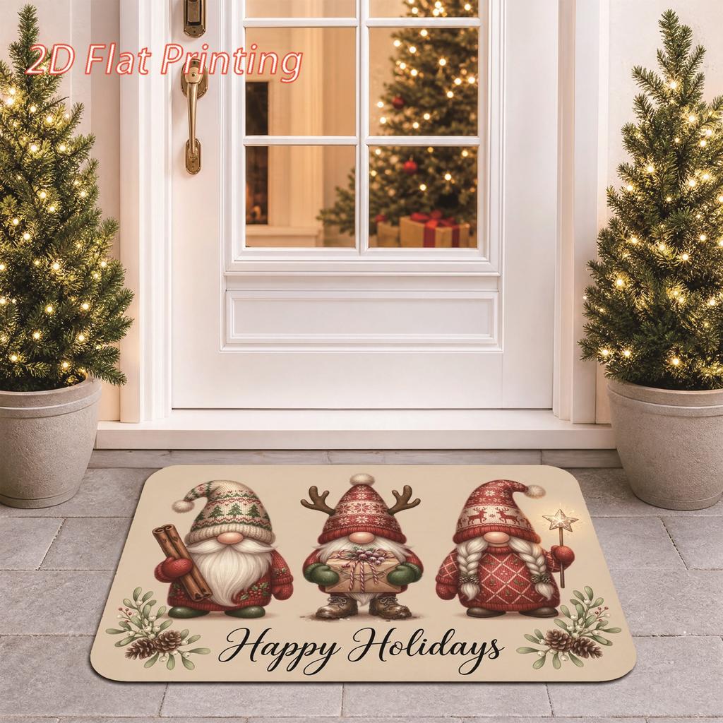 2D Flat Printing, Merry Christmas Holiday Mat, Nordic Style Gnome Pattern Non-Slip Entrance Rug, Colorful And Machine Washable Carpet, Suitable for Ho