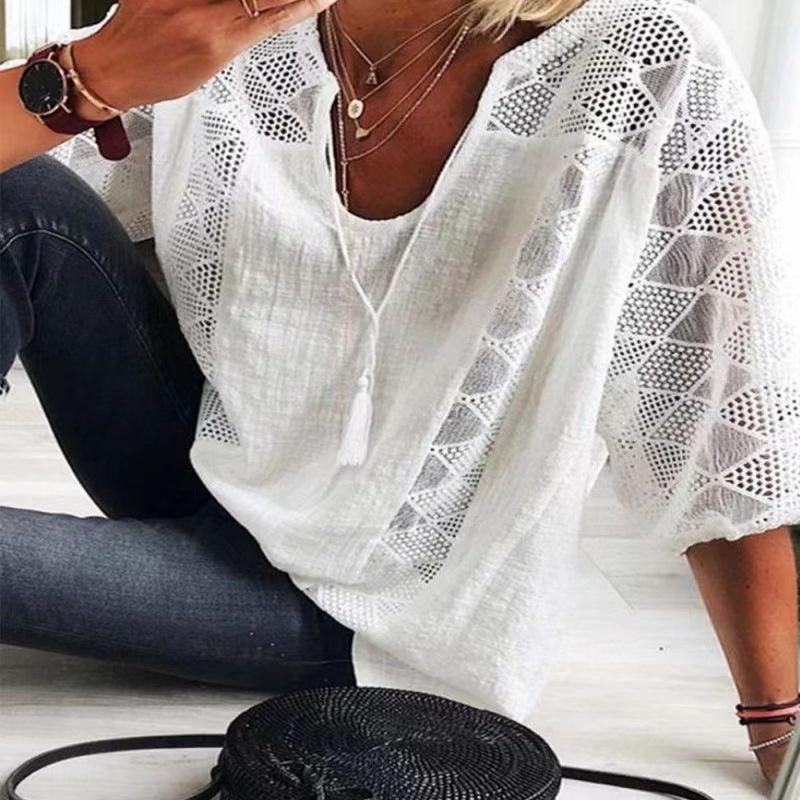Spring Summer Women Solid Casual Top Shirt New Fashion Elegant Loose Black Office Holiday Lace Splicing Shirts Women Clothes