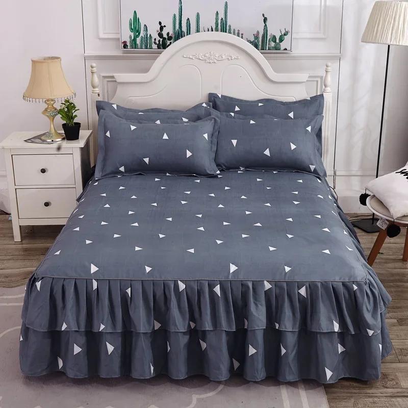 Double Layer Ruffled Bedroom Solid/Flower Pattern Cotton Bed Skirt Coverlets Elastic Tight Dust Cover Bedding
