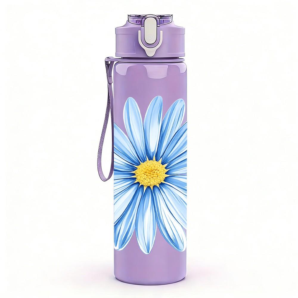 1PC Blue Daisy Watercolor Flower Print 750ml Color Plastic Sports Water Bottle Leakproof Flip Straw Lid Suitable for Sports Office Home Use