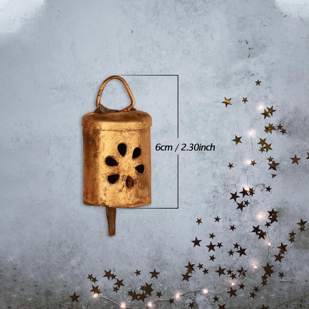 Vintage Hanging Bells Set of 5, Rustic Gold Iron Jingle Bells for Farmhouse Christmas Decor and DIY Craft Projects, 2.3 Inch