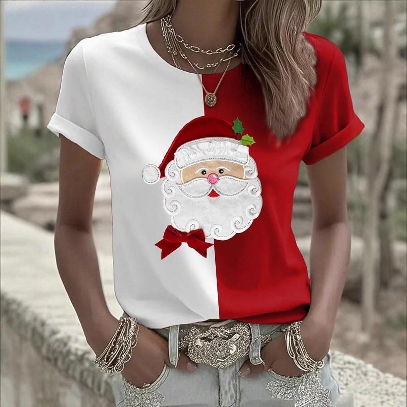Womens Slim Fit Round Neck Short Sleeve T-Shirt With 3D Santa Claus Print Soft Cotton-Feel Fabric Casual Office Wear