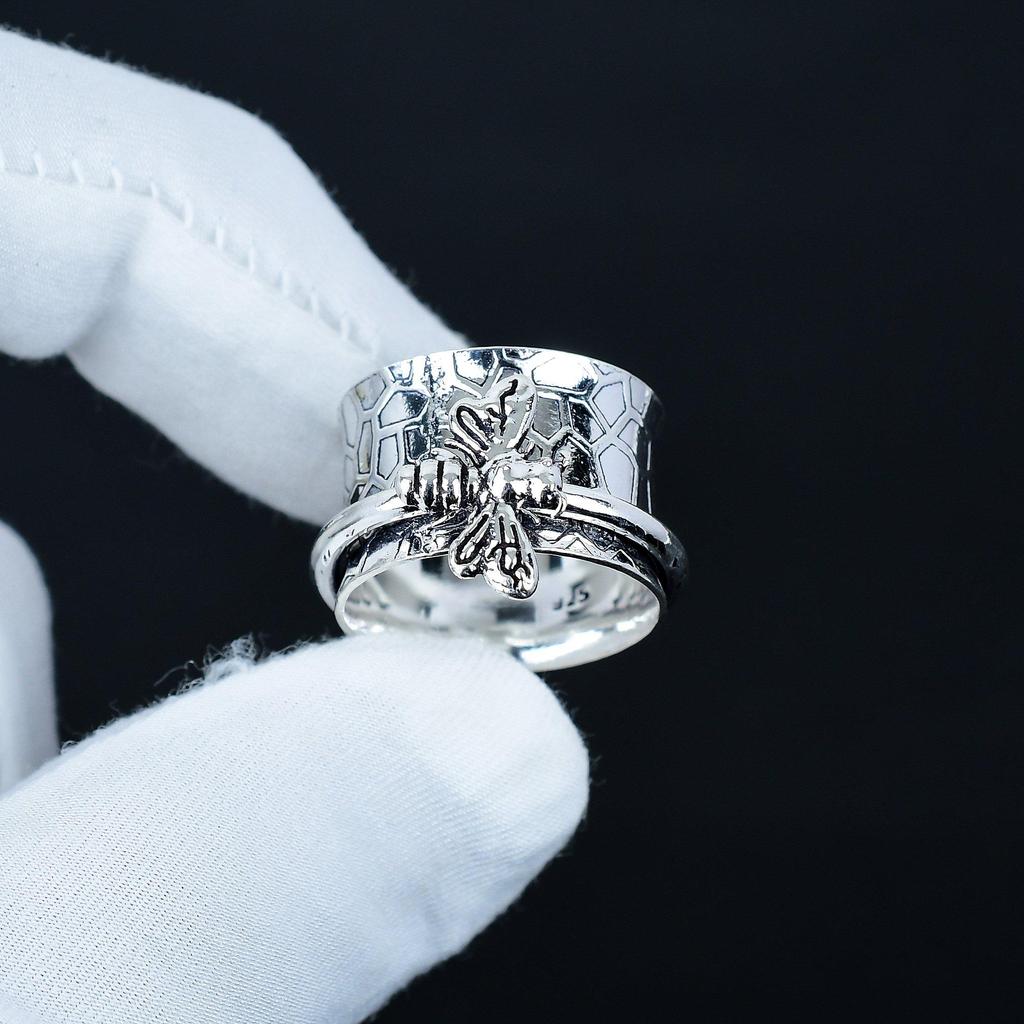 Inel Spinner Band Albină Meliferă, Inel Spinner Unisex, Inel Spinner pentru Meditație, Bijuterii din Argint Sterling 925 Cadou Handmade, Inele Pentru Cel Mai Bun Prieten