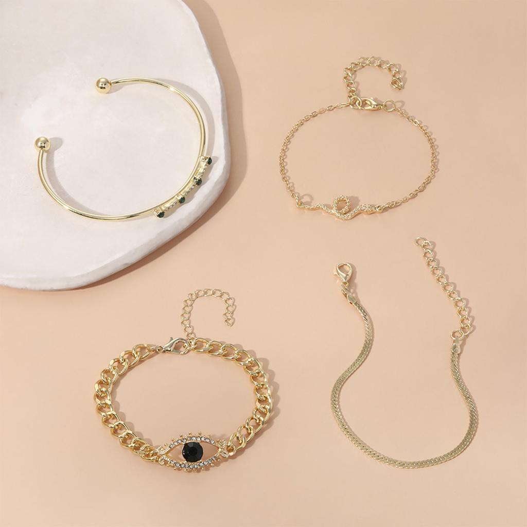 4Pcs Vintage Green Zircon Snake Designs Wrist Chain Metal Bracelet Set Open Cuff Bangles Party Jewelry for Women
