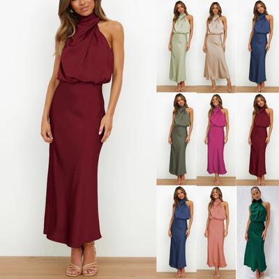 Women Sleeveless Mock Neck Cocktail Dresses Keyhole Elastic Waist Party Wedding Guest Satin High Split Mid Dress