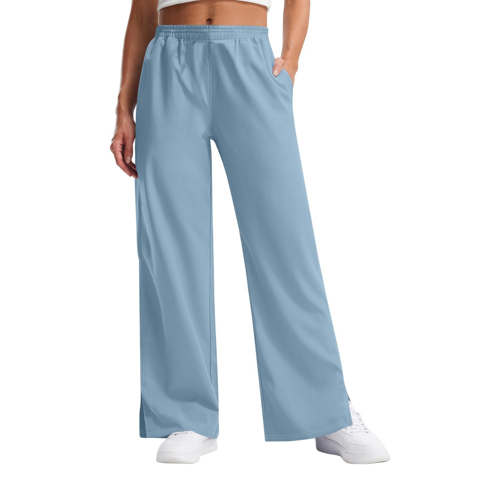 

Жіночі тонкі широкі брюки. Повсякденні робочі штани з високою талією. Повсякденні брюки на струмені з задніми кишенями XL світло-синій колір