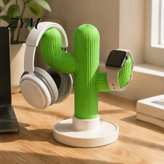 Stable Earphone Display Cactus Headphone Stand And Watch Holder, Desktop Organizer with Cable Storage PLA 3D Printed Tray, Rack for Earphones
