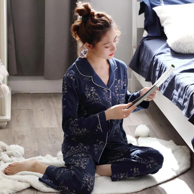 Ladies' 100% Cotton Long Sleeve Pajama Set Spring/autumn Thin Style Winter Warm Homewear Suit