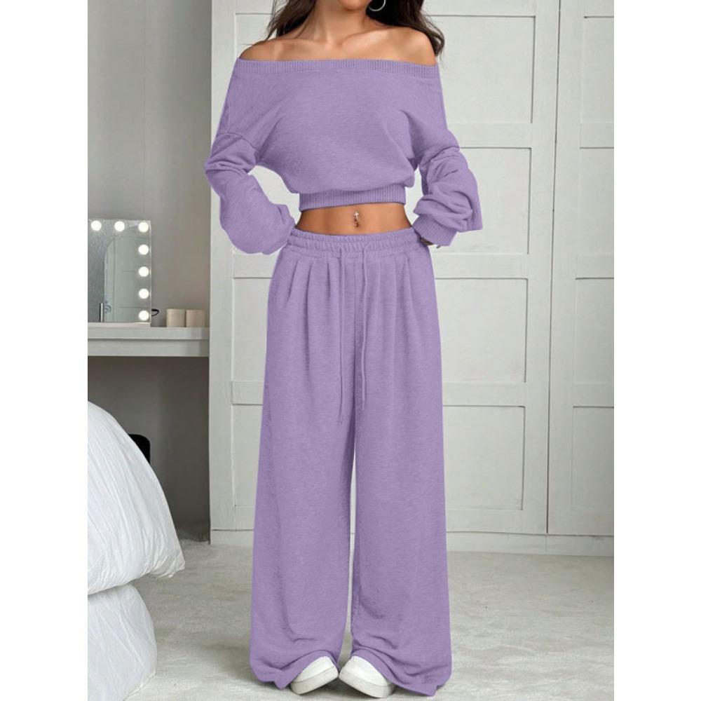 Tuta da Donna Vestibilità Larga Spalle Scoperte Manica Lunga Crop Top Vita Alta Pantaloni Larghi Tuta Due Pezzi