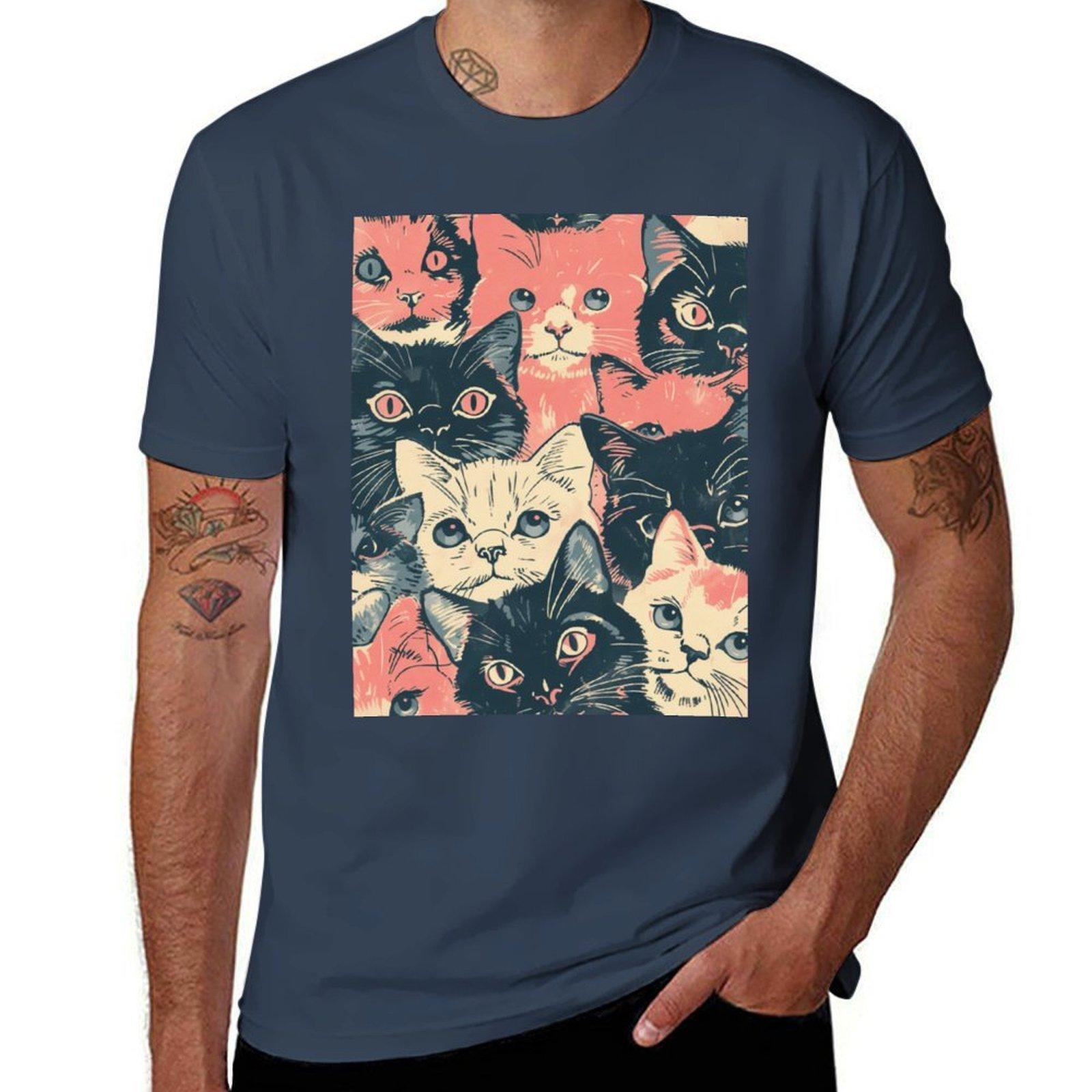 Cute Vintage Pattern Art Cats Kittens TShirt Casual Work Wear TShirt S