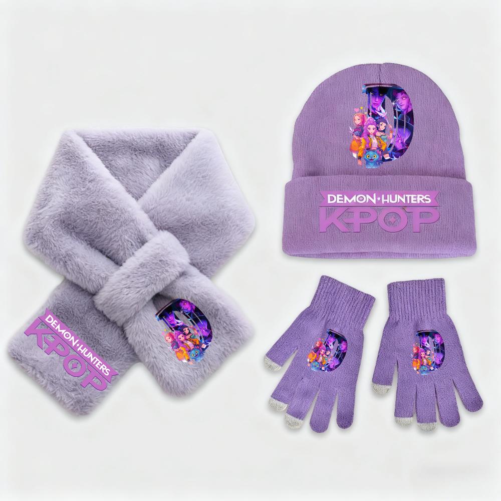 3Pcs KPop Demon Hunters Collection Fashion Kids' Clothing Designed for Girls - Warm Knit Hat Scarf Plus Gloves - Cold Season Casual Birth Date