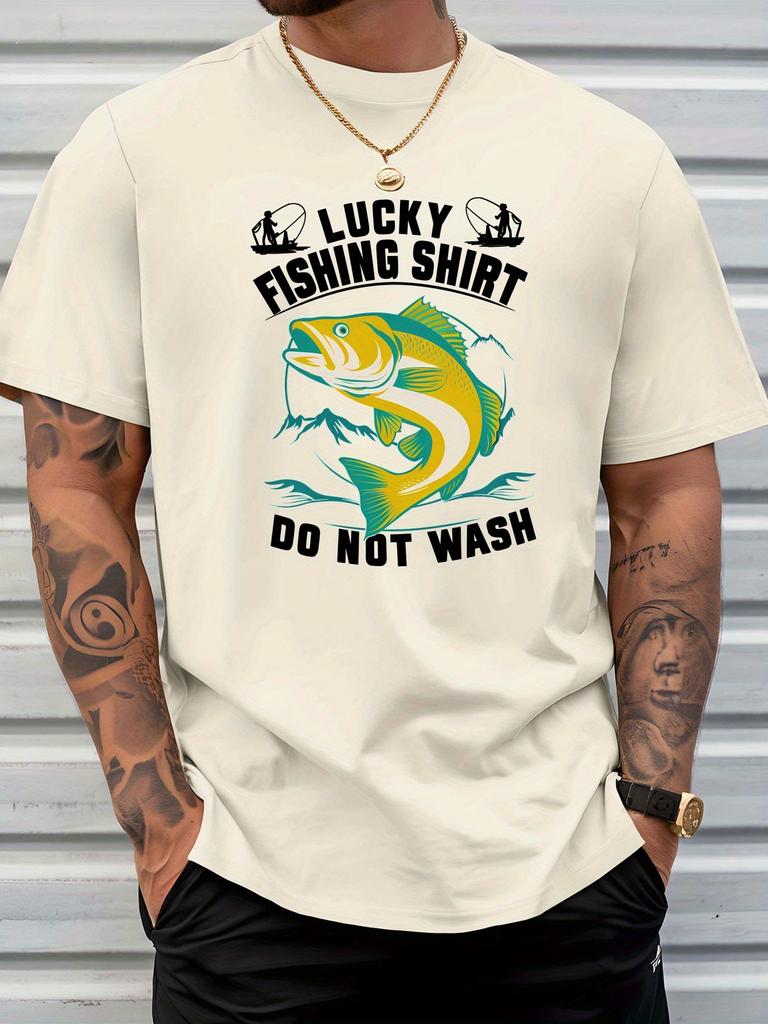Unisex Lucky Fishing Bass Fish Slogan Print Crew Neck Short Sleeve Oversized Loose Casual Outdoor Summer Streetwear Daily Basic Tee