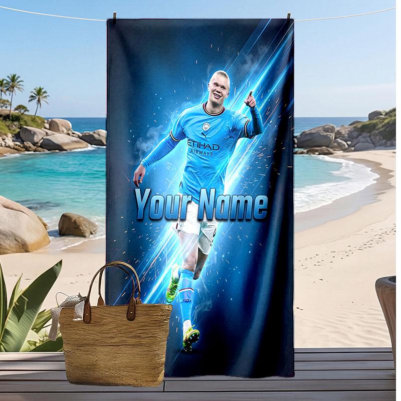 Asciugamano da Spiaggia Personalizzato Stampato Erling Haaland Logo Calcio Supporto Nome Personalizzato Testo Asciugamano Assorbente Per Sport Viaggio Regalo Speciale