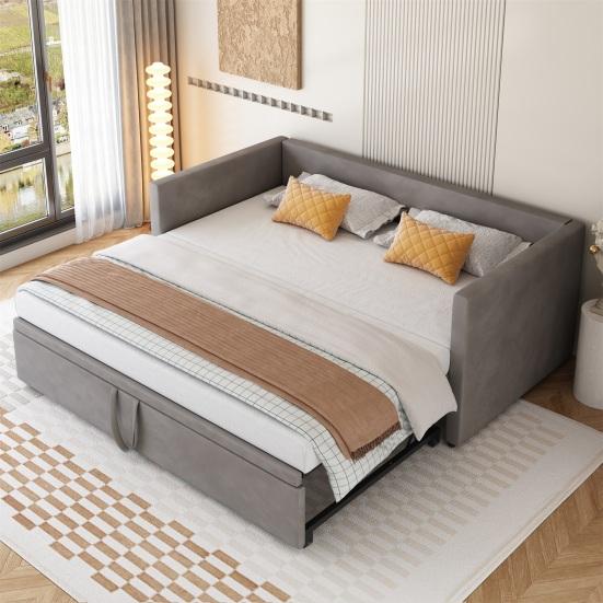 Upholstered Bed Extendable Sofa Bed 90/180x200cm with Slatted Frame, Multifunctional Bed Made of Skin-Friendly Velvet Fabric