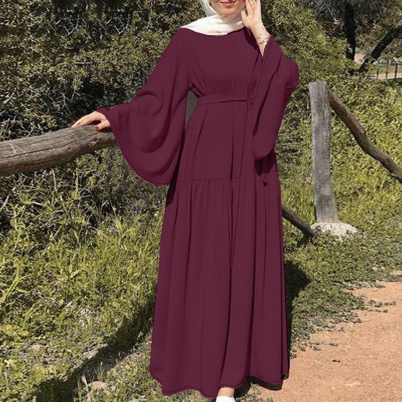 

ZANZEA Women Muslim Casual Round Neck Solid Color Long Sleeve Dress 2XL вина червоного кольору