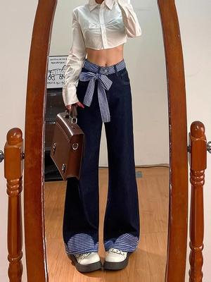 Calças Jeans Femininas Patchwork Xadrez com Laço Cintura Alta Azul Escuro Soltas Casuais Perna Larga Y2K Jeans