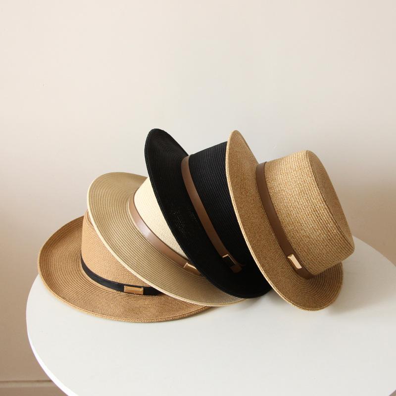 Panama Straw Hat Women's Summer Seaside Sunshade Sun Protection Beach Hat Belt Big Brim Flat Top Straw Top Hat Jazz Hat