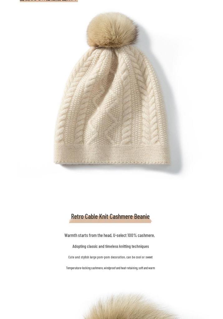 Women's 100% Pure Cashmere Cable Knit Hat with Pom-Pom, Ear Protection, Retro Style, Autumn/Winter