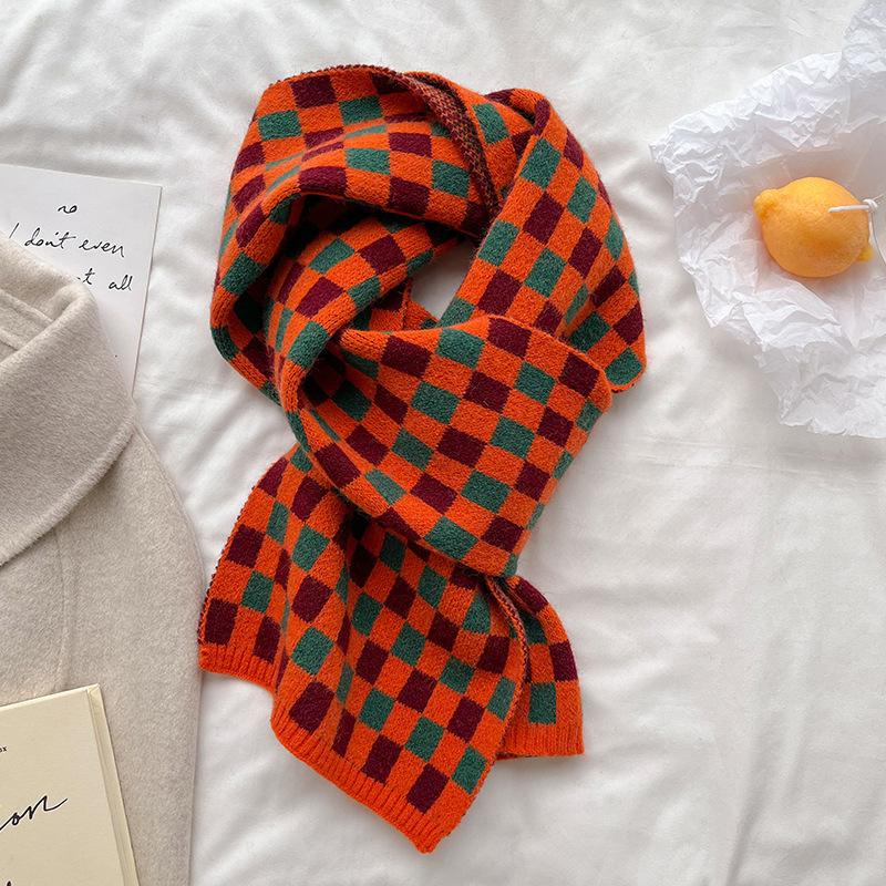 New Red Chessboard Plaid Knitted Scarf For Women And Men In Winter The Same Warm And Versatile Small Scarf