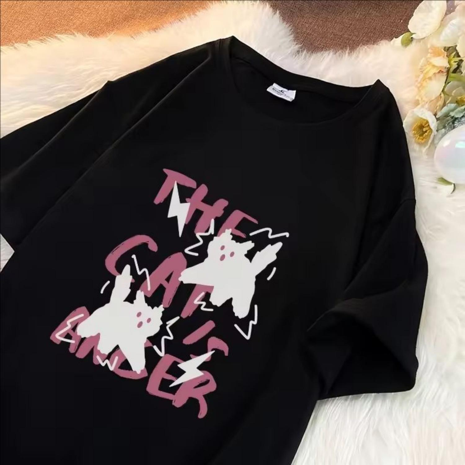 

Cute Scare Cat Print T-shirt Women s Summer 2025 New High quality 100%Cotton Short Sleeve Couple T-Shirt Y2k Casual Top Girl boy S чёрный