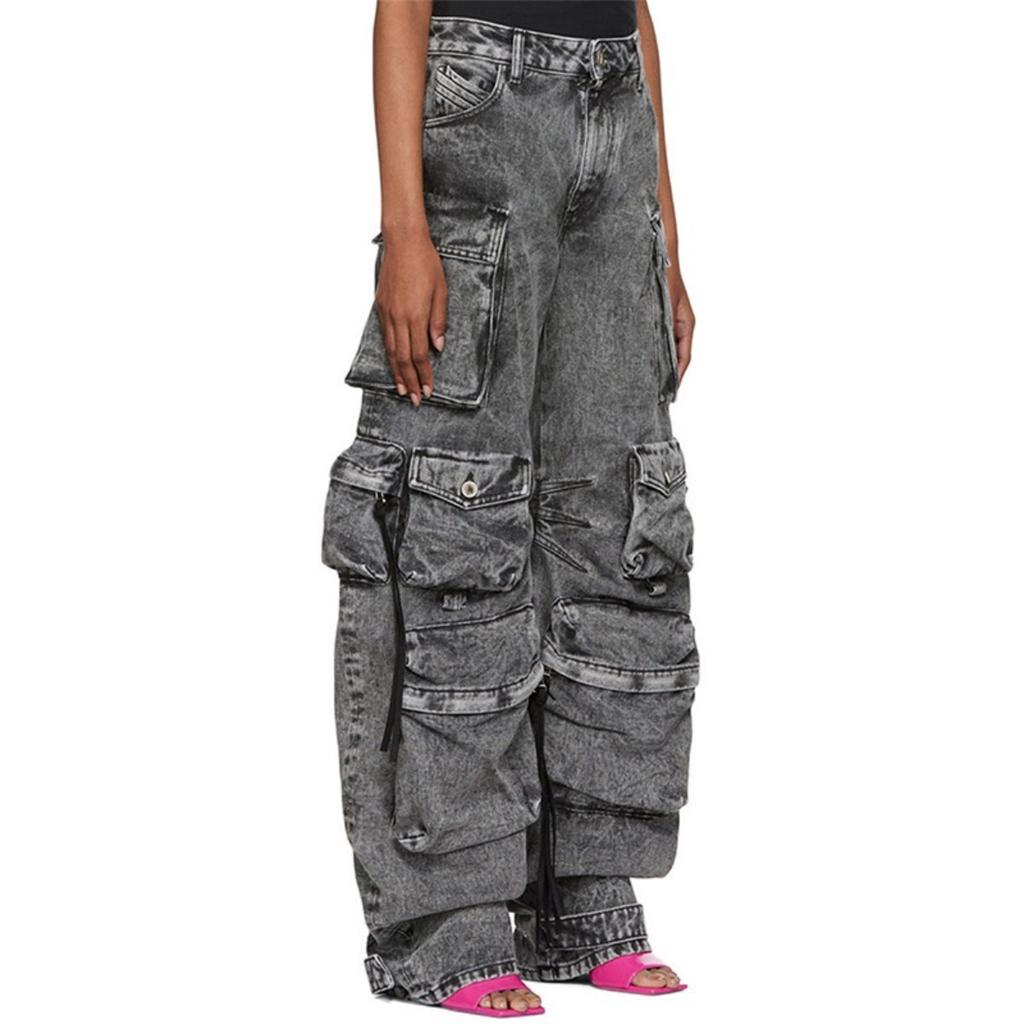 Modische Street Style Arbeitshose Mehrere Taschen Lang Weiter Beinschnitt Patchwork Trendige Leute Rauchgrau Gewaschenes Aussehen Lange Hose