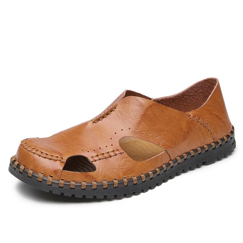 

Большие размеры летние дышащие сандалии мужские кожаные пляжные туфли повседневная сумка головной фонарь одна педаль ленивые туфли мужские 48 коричневый