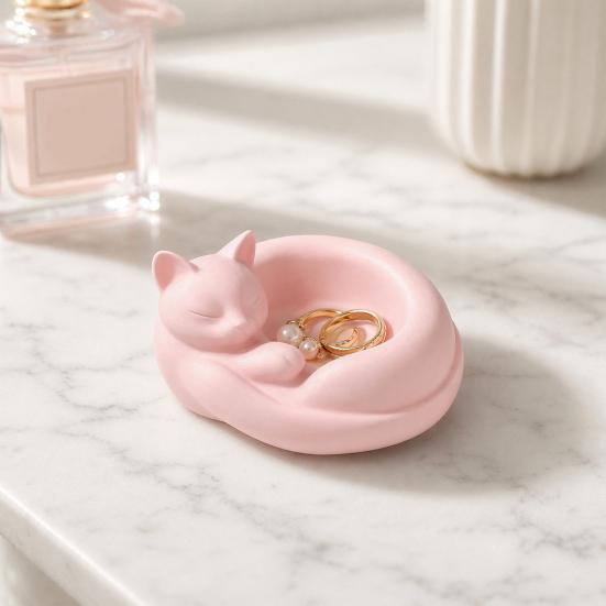 3D Printed Curled Sleeping Cat Planter Multi-Functional Figurine with Bowl-Holding & Ring Tail