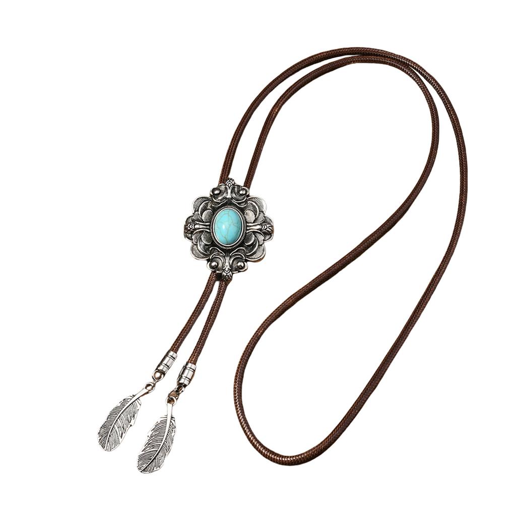 Men's Rodeos Western Leather Cord Bolo Tie Antique Floral Stone Jewelry Cowboy Necktie Necklace with Feathered Pendant