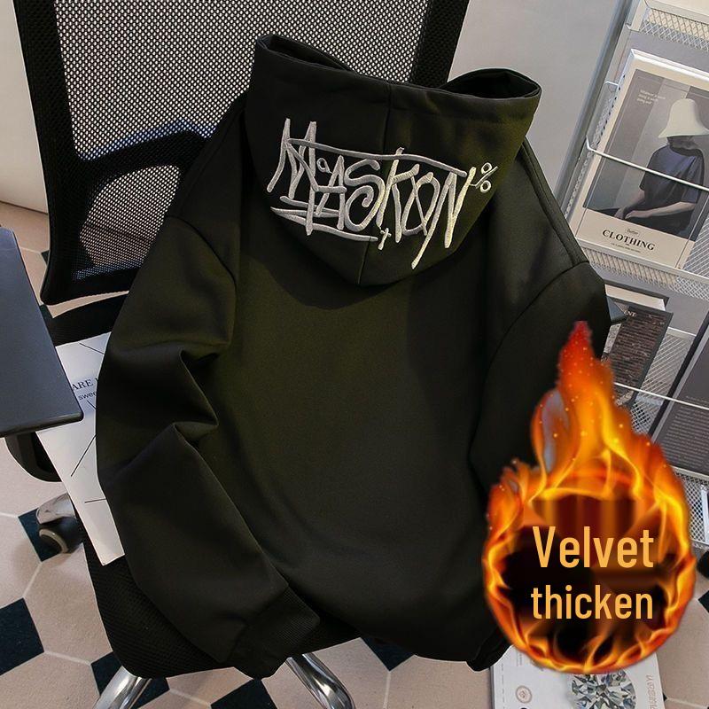 

Men s American Style Heavyweight Embroidered Hoodie with Velvet Lining - Unisex Autumn/Winter Casual Loose Fit 3XL