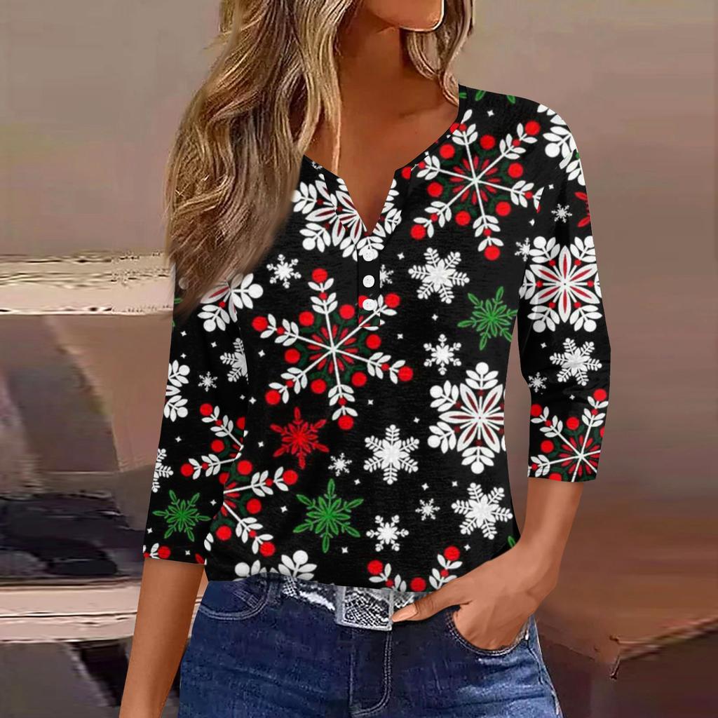 Women's Fashionable Casual Christmas Printed V-neck Three-quarter Sleeve Decorated Button Top