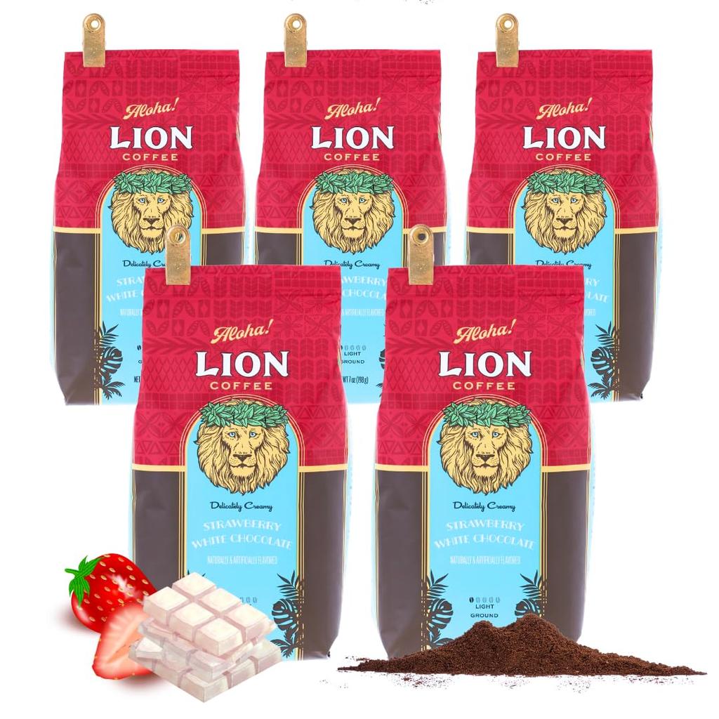 Lion Coffee Strawberry White Chocolate 7oz x 5 pack Flavored coffee medium can be brewed with water packaging and flavor remain (198g) Powder, grind,
