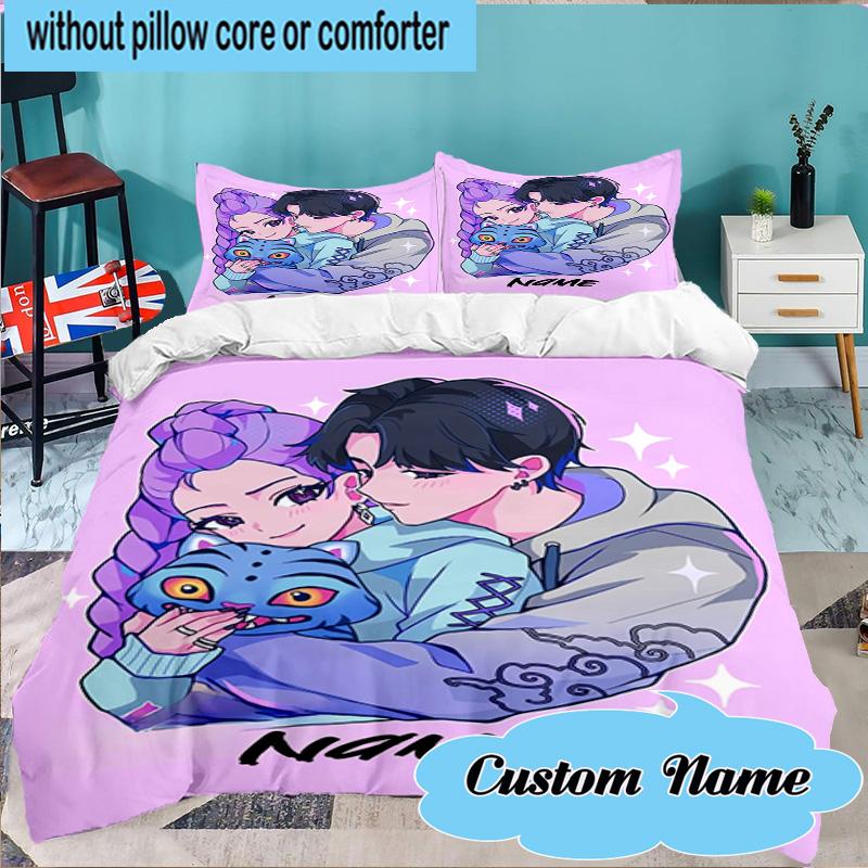 Custom Name 3PCS KPop Cartoon Bedding Set Including 1pc Duvet Cover And 2pcs Pillowcases for Bedroom, Dormitory Gift Home Decor