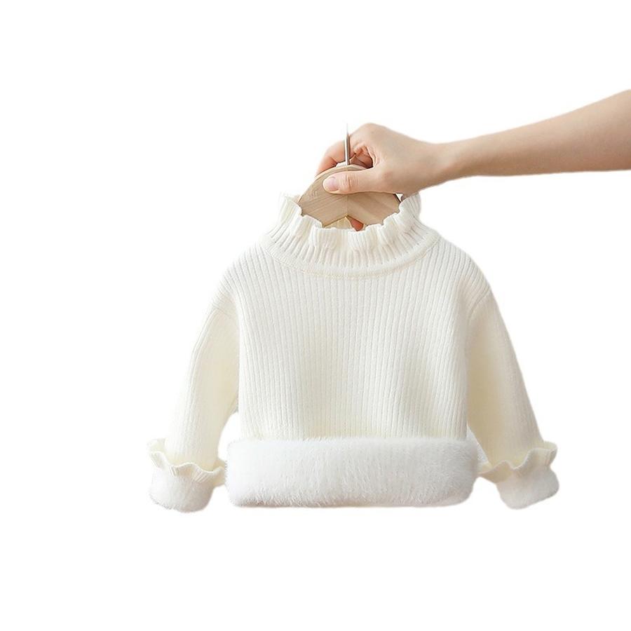 Fleece Knit Sweater for Girls Autumn Winter with Corded Trim, Fleece Lining, Base Layer, High Neck, Knitted Pullover