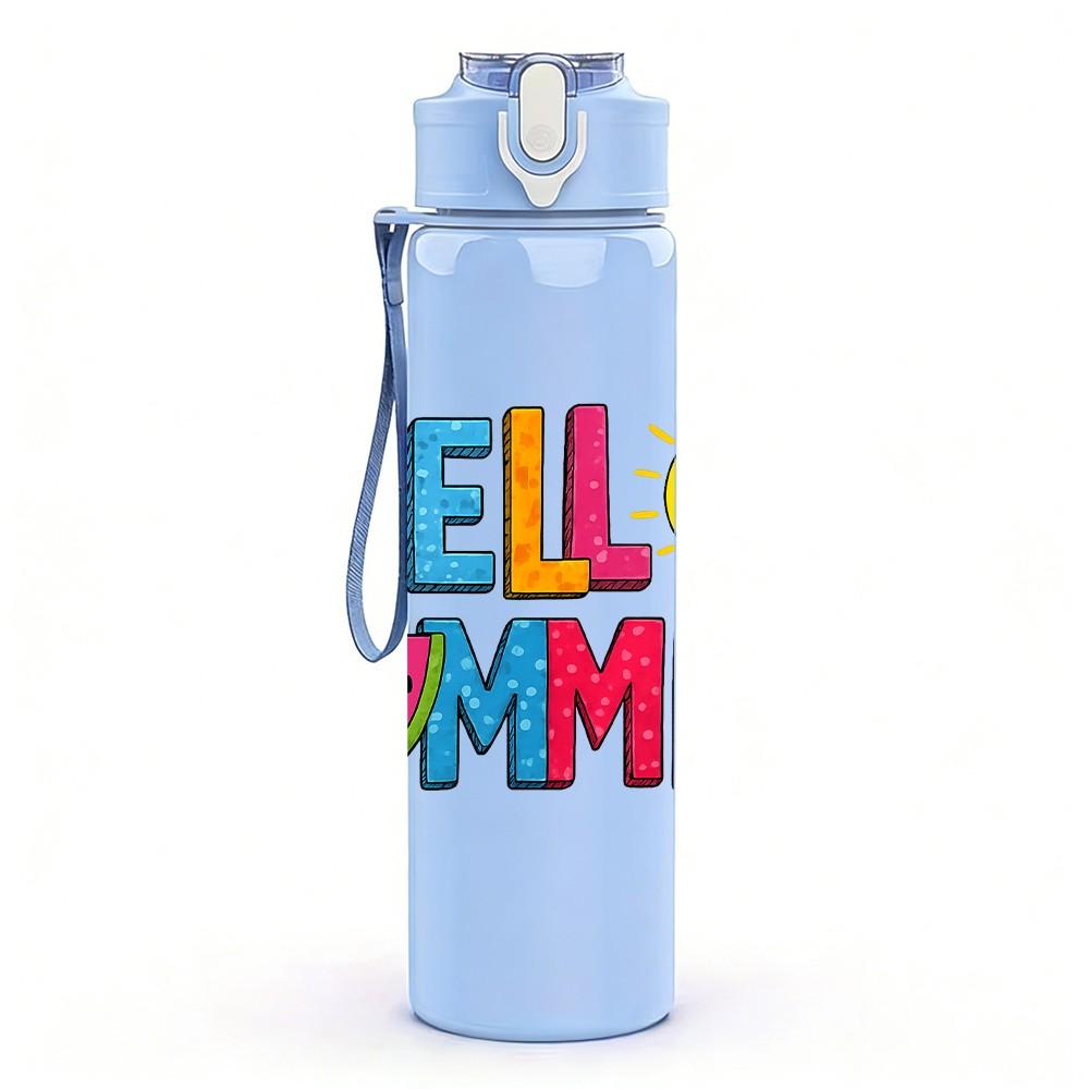 1PC Hello Summer Sun Letter 750ml Color Plastic Sports Water Bottle Leakproof Flip Straw Lid Suitable for Sports Office Home Use