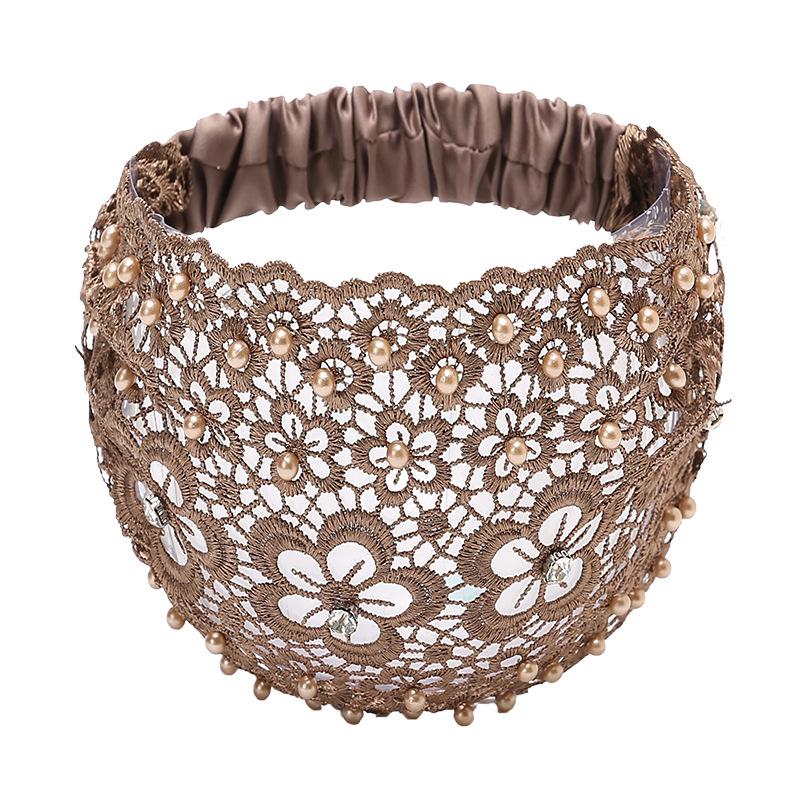 Elegant Women Hollow Headband Flower Pattern Shiny Rhinestones Faux Pearls Hair Band High Elastic Wide Hair Hijabs Holder