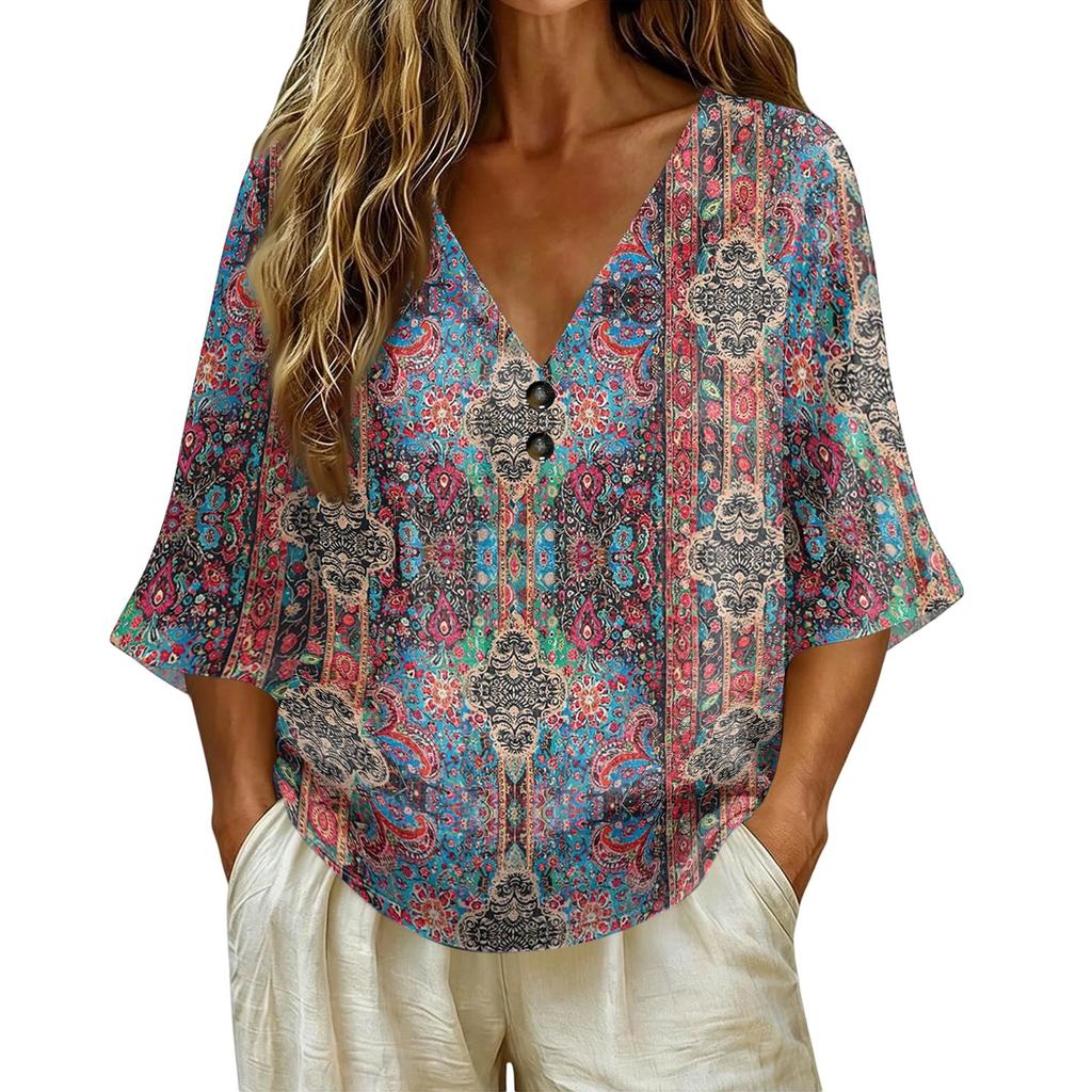 Women's Vintage Floral Print V Neck Loose Fit Short Sleeve T Shirt Made of Linen Blend Fabric Casual Lightweight Top for Everyday Wear