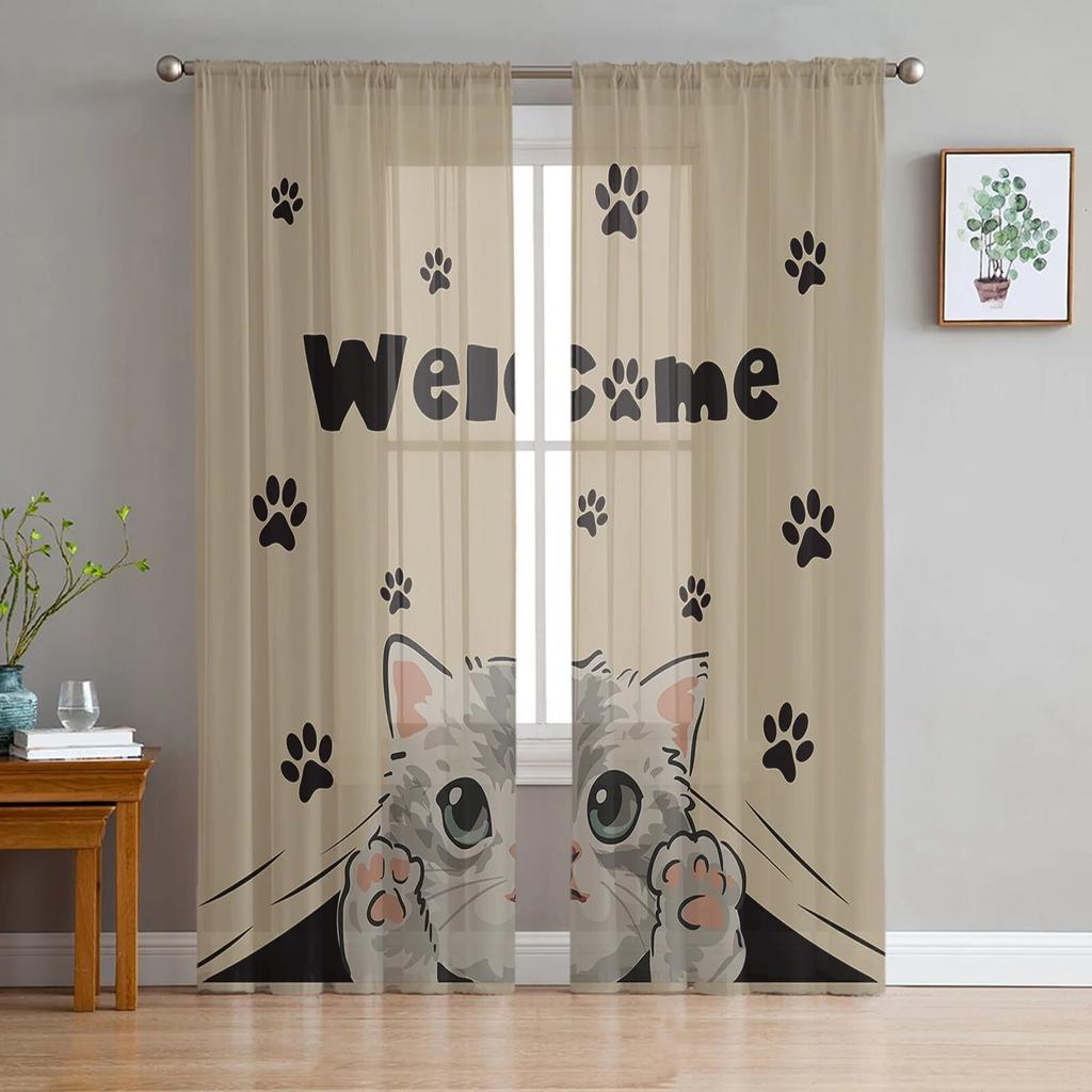 Cat Paw Retro Cute Window Curtains Sheer Chiffon Tulle Curtain Home Living Room Backdrop Decoration