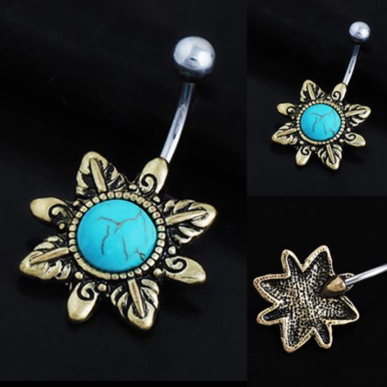 Retro Sunflower Turquoise Belly Button Navel Bar Ring Body Piercing Barbell Gift