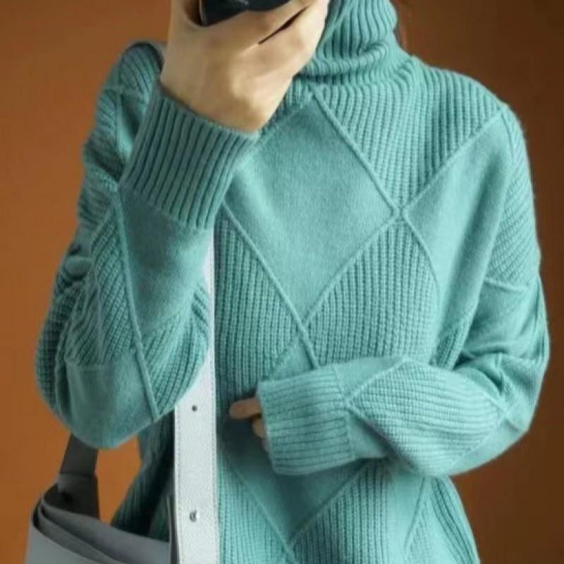 Womens High Neck Knit Sweater Solid Color Rhombus Warm Thick Long Sleeve Pullover