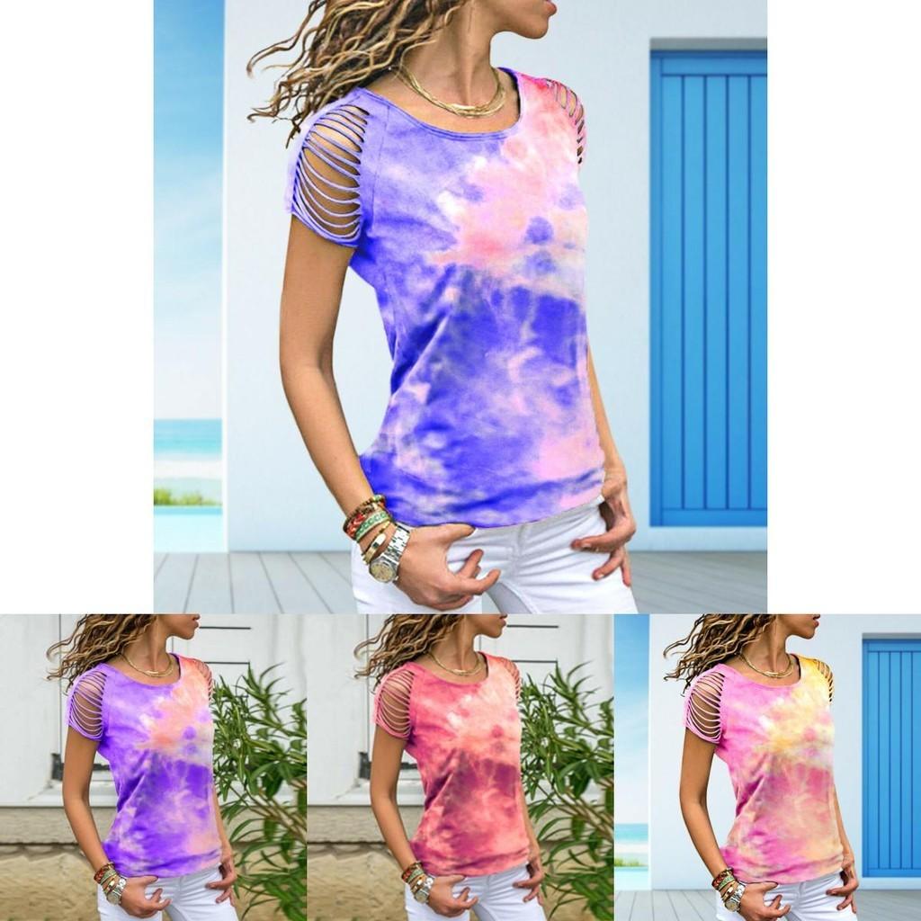 Womens Vibrant Tie-dye Printed Tops Casual Short Sleeve Blouse Perfect For Summer