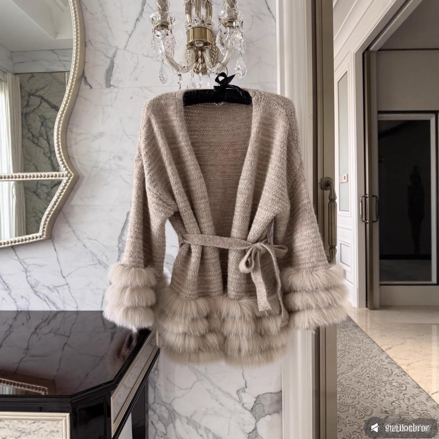 Lazy & Charming Women s V-neck Knitted Cardigan with Fox Fur - 2025 Autumn/Winter Collection One Size